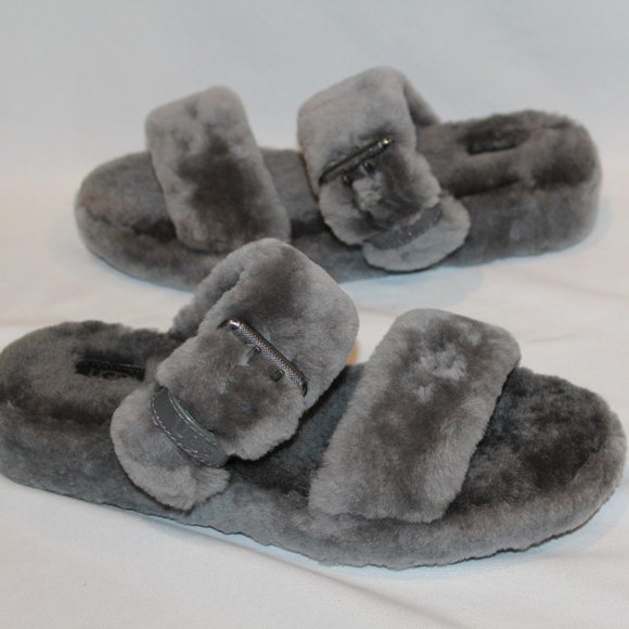 NEW UGG FLUFF SHEARLING BUCKLE SLIPPER SANDALS‎ GRAY 10 - Picture 1 of 6